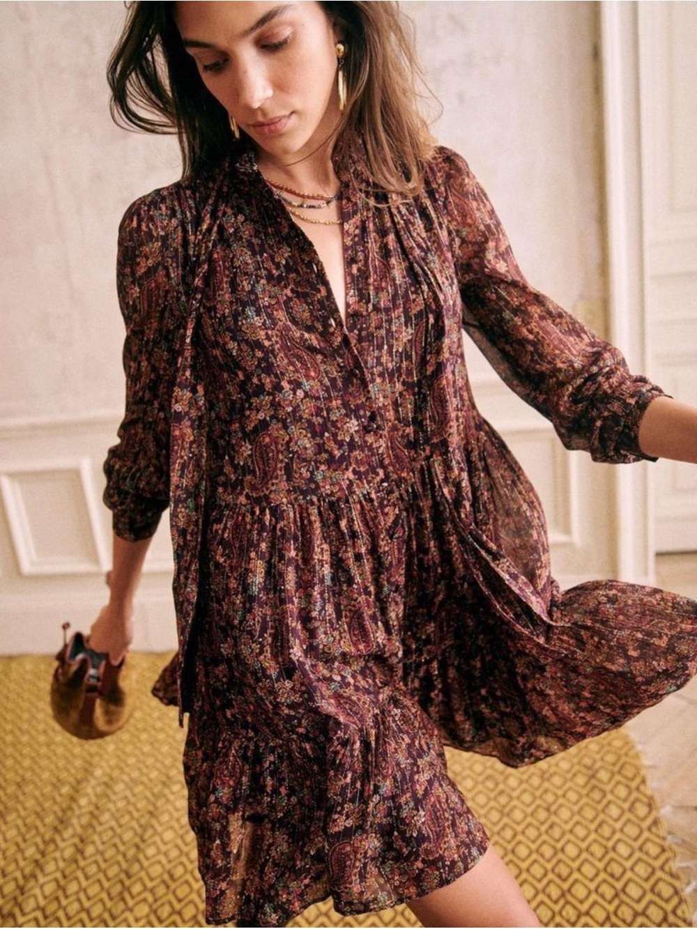 SEZANE Metallic Burgundy Floral Printed Silk Chiffon Tie Neck Belt Solene Dress
